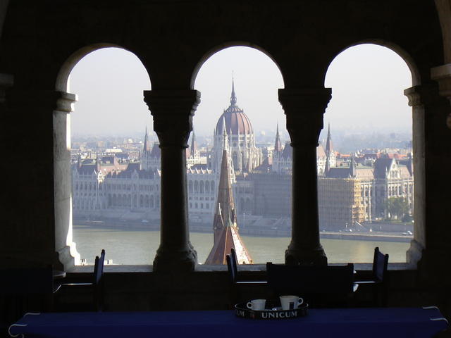 St. Stephen's Basilica through an open air cafe.